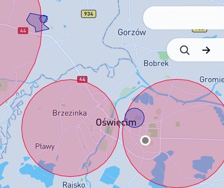 Oświęcim. Dron latał w strefie zakazanej KPP Oświęcim Screen z aplikacji DroneRadar info oswiecim info malopolska info polska
